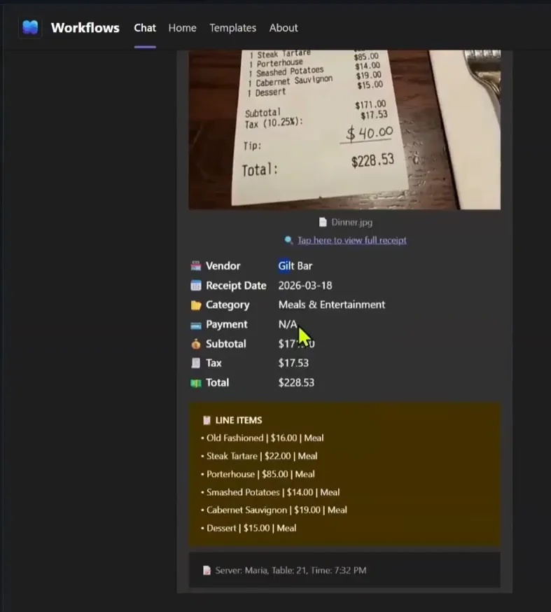 Microsoft Teams Adaptive Card showing extracted vendor, date, category, subtotal, tax, total, and line items from the receipt