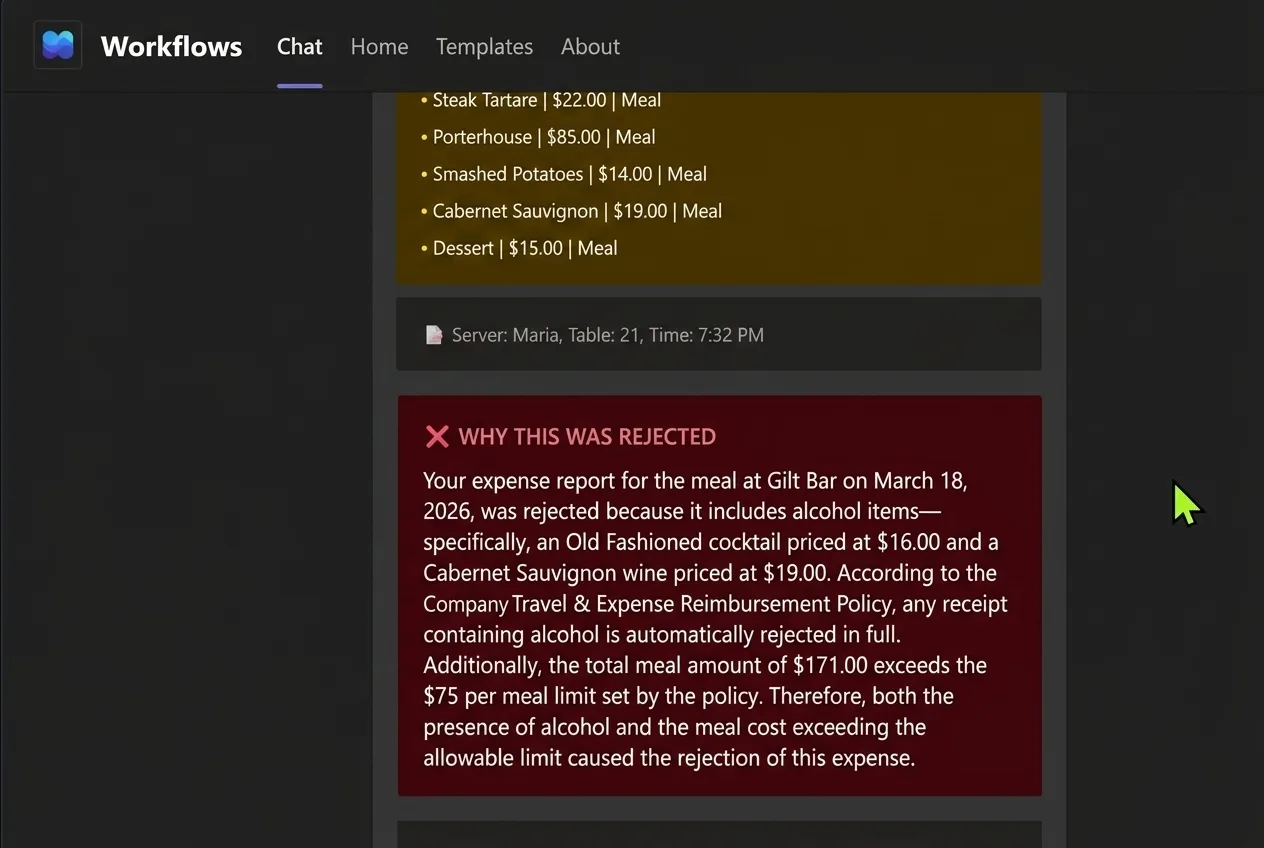 Adaptive Card showing AI-written rejection reasoning explaining which line items violated which company policy rules