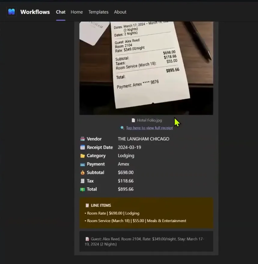 Adaptive Card showing hotel folio extraction with vendor, dates, room rate, payment card, and lodging line items