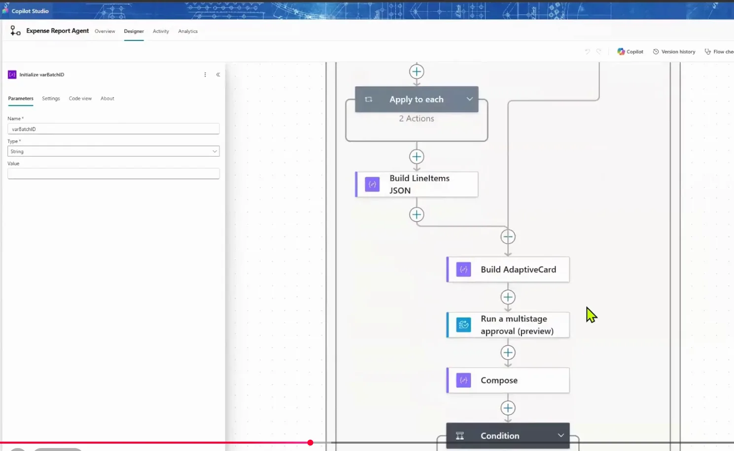 Copilot Studio / Power Automate flow canvas showing Build LineItems JSON, Build AdaptiveCard, and Run a multistage approval nodes