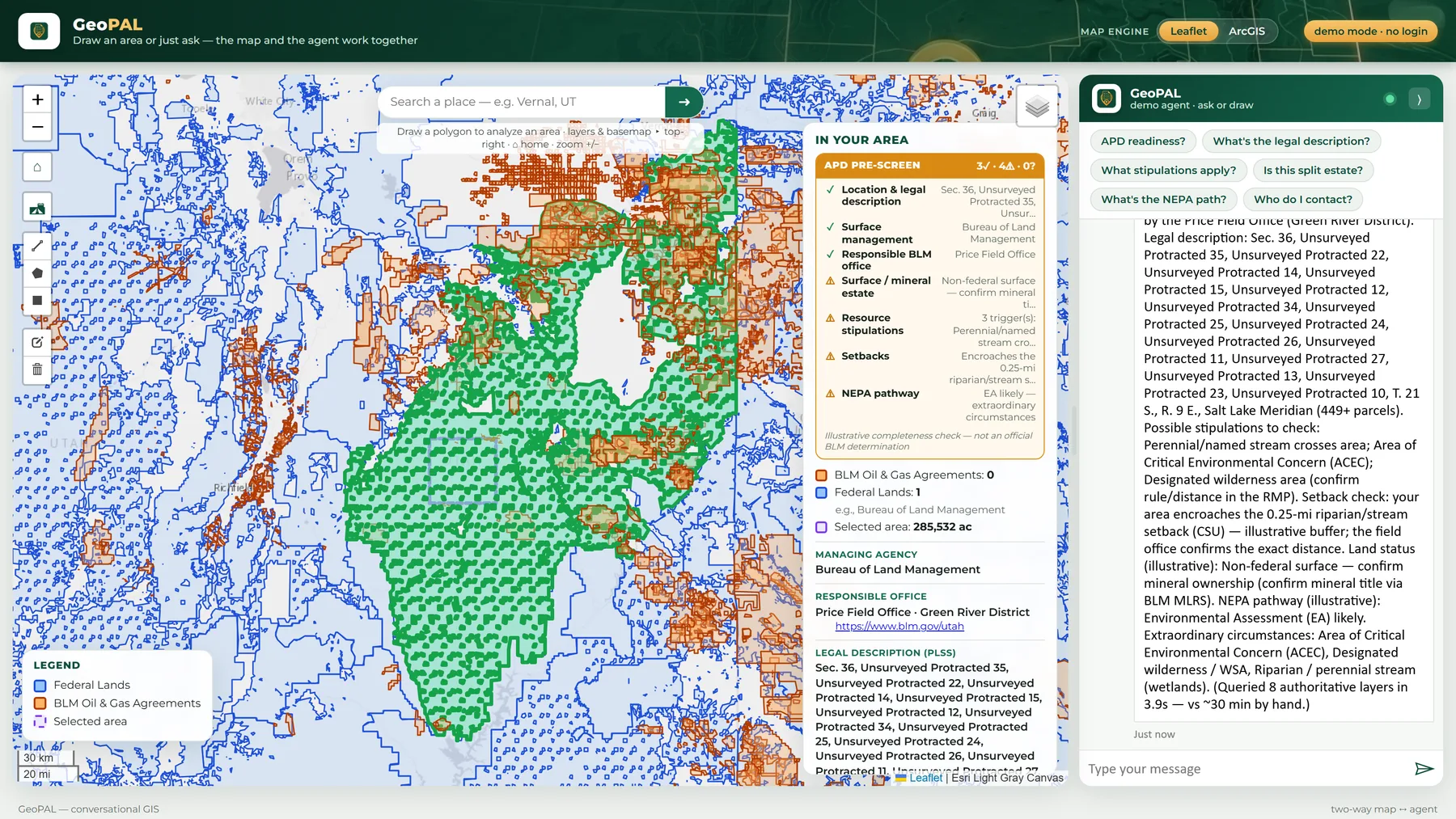 GeoPAL analysis view: drawn polygon over public land with an APD pre-screen scorecard, land status, PLSS legal description, and the agent's narrated answer