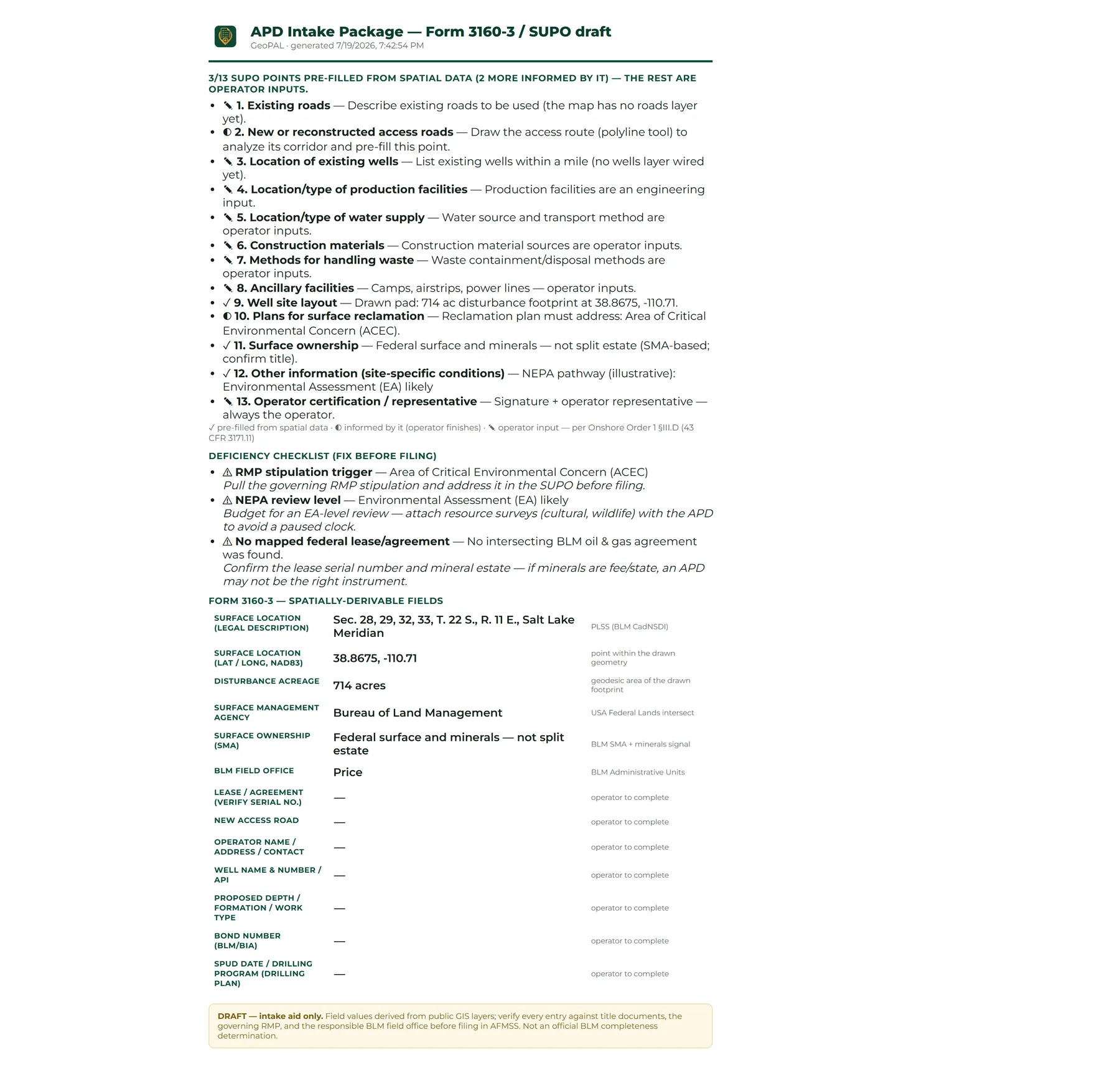 Generated APD intake package showing SUPO 13-point assessment, deficiency checklist, and pre-filled Form 3160-3 fields with a provenance column