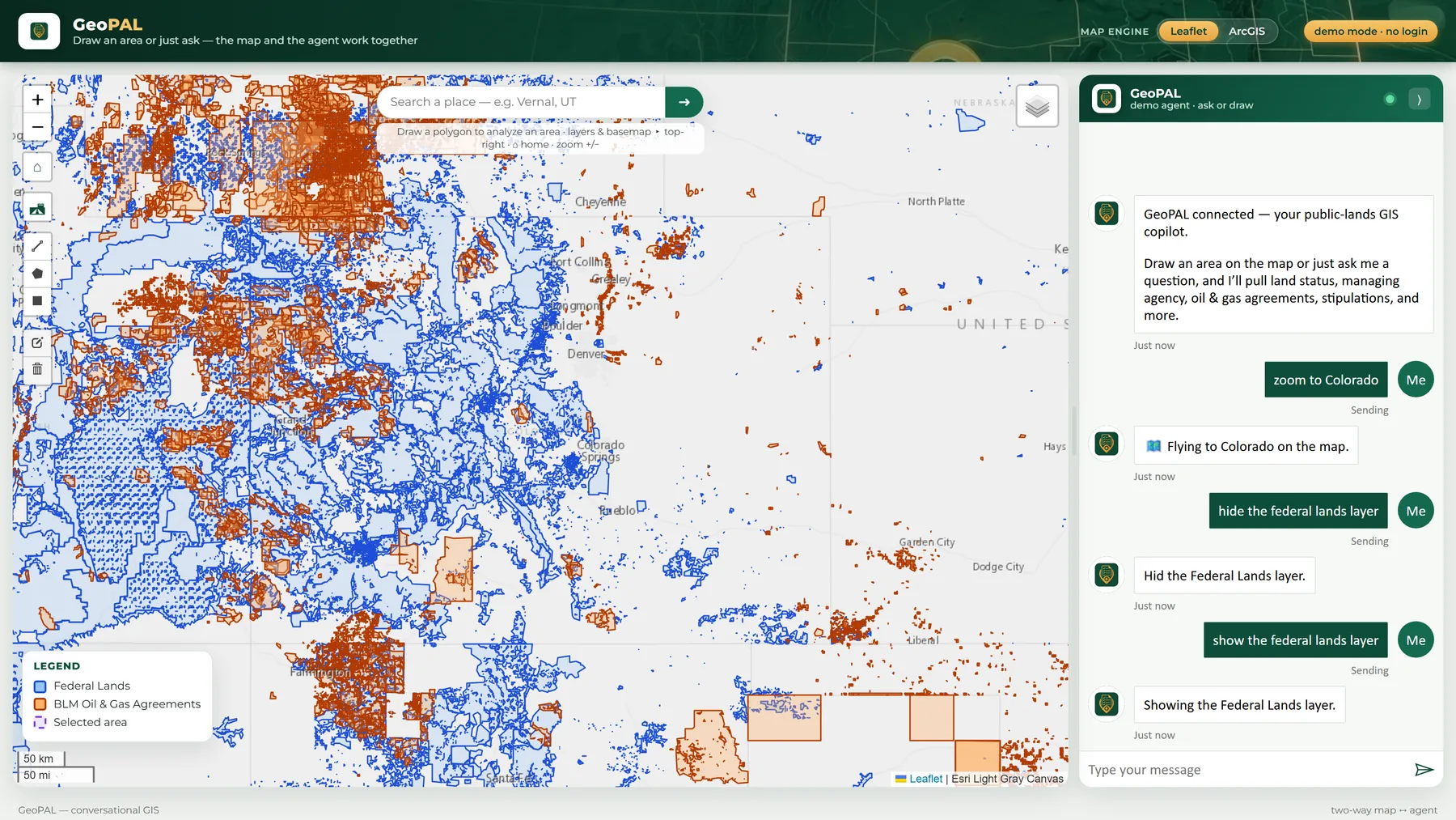 The agent driving the map: chat commands zoom to Colorado and toggle map layers, with the map responding