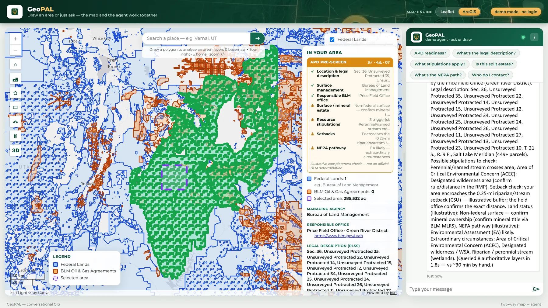 The same application rendered with the ArcGIS Maps SDK engine instead of Leaflet