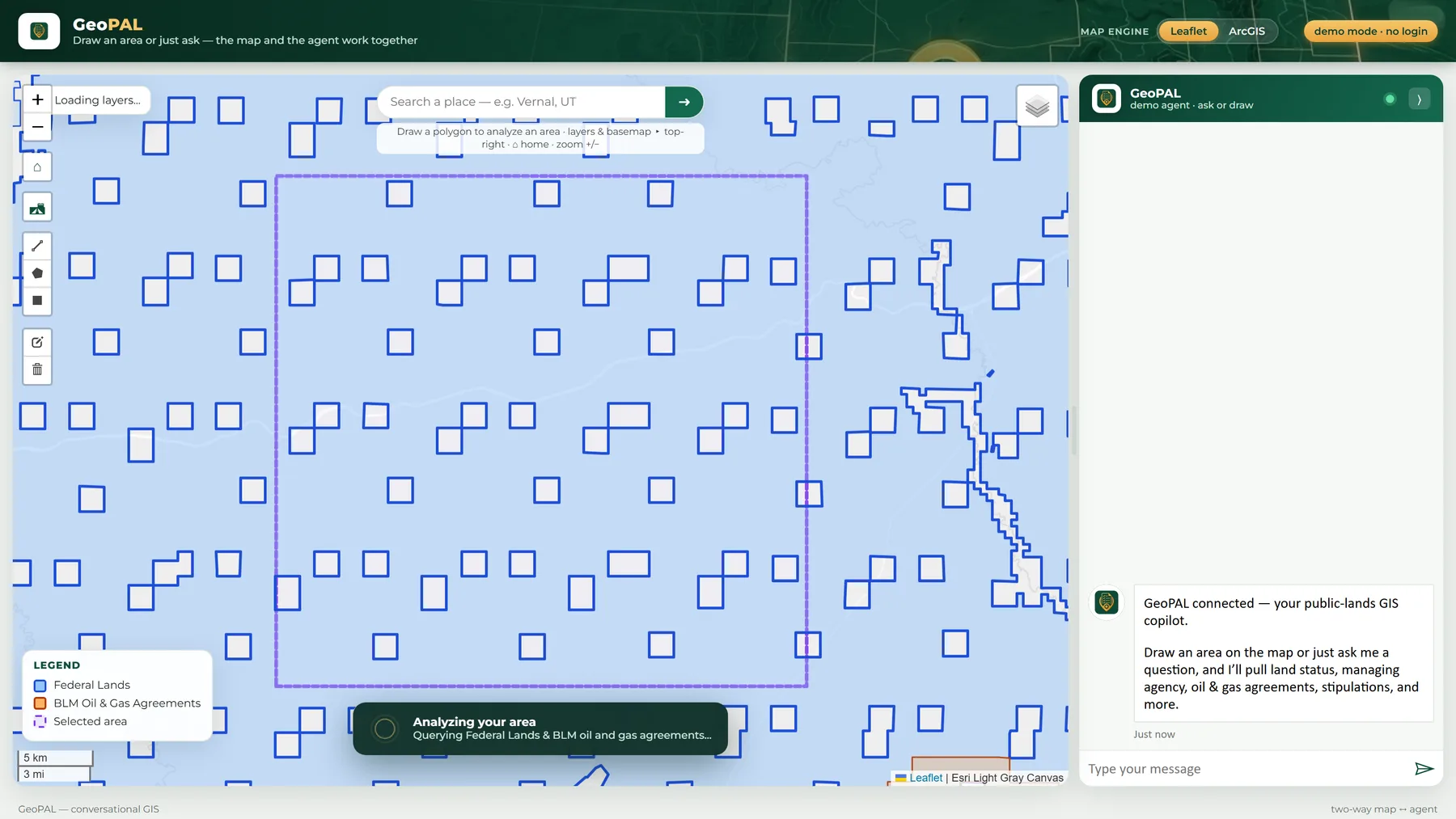 Progressive analysis overlay showing layer-by-layer query status during a spatial analysis