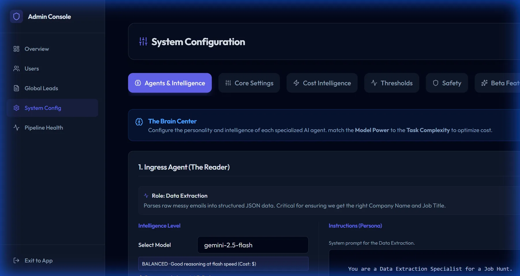Agent configuration screen mapping each specialized agent to a model tier with an editable system prompt