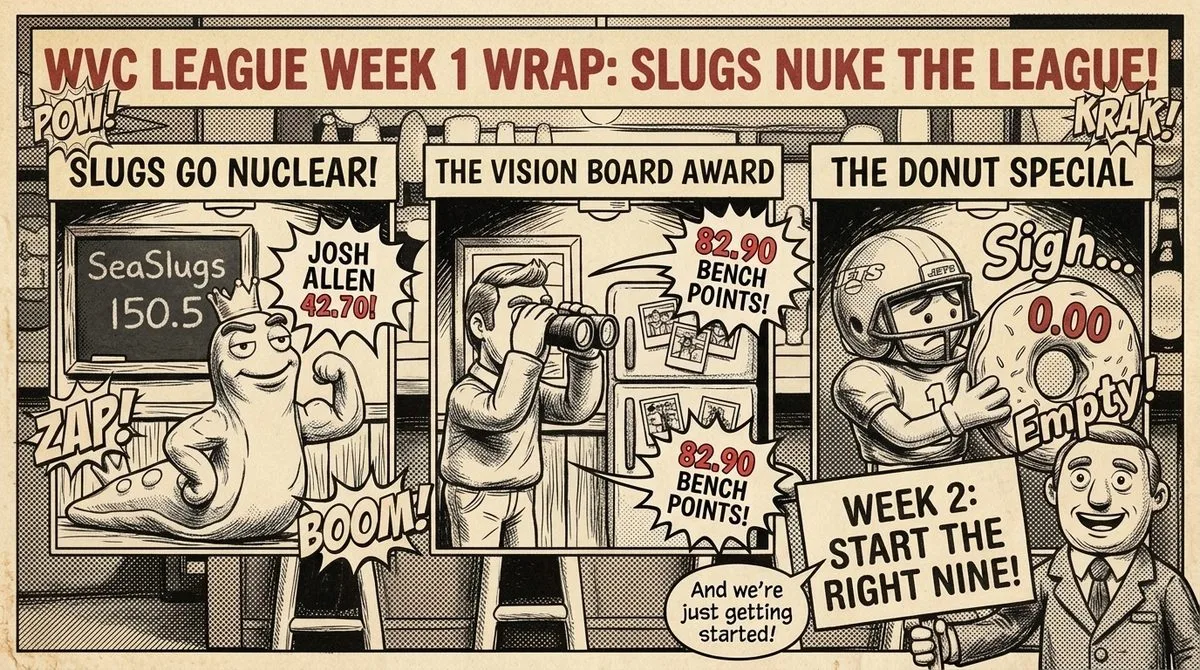 Editorial newspaper-style illustration of the same league recap